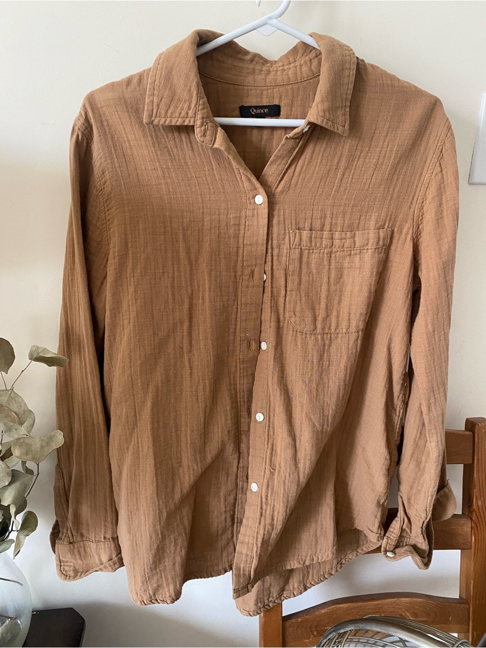 Quince Organic Cotton Gauze Button Down Tan Shirt